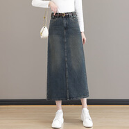追屬（ZHUISHU）復古中長(cháng)款開(kāi)叉牛仔半身裙女2025春秋新款時(shí)尚洋氣加絨高腰A字裙 懷舊藍色【春秋款】 XL