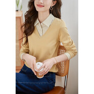 熙世界假兩件針織衫女士2025春季設計感長(cháng)袖毛衣襯衫領(lǐng)打底衫上衣 香草黃 S