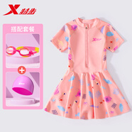 特步兒童泳衣女童中大童2024新款女孩寶寶連體專業(yè)速干游泳衣套裝  粉色小魚(yú)三件套（泳衣+泳帽+泳鏡） 12碼 推薦身高115-125cm體重37-49斤
