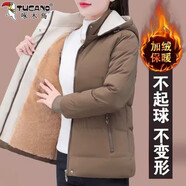 啄木鳥加絨加厚棉服女冬季2025年新款中年冬裝大碼棉外套 枷色 M [建議80-95斤]