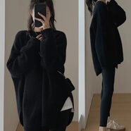 燁聆秋冬季打底衫配鯊魚褲搭配上衣毛衣中長款女遮臀慵懶風(fēng)寬松可外穿 黑色 S 建議80-95斤