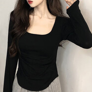 妙奕嘉長(zhǎng)袖t恤女士白色黑色打底衫女可外穿秋裝新款2025年上衣正肩秋衣 純色U領(lǐng)弧擺打底衫【黑色】 XL 【建議115-130斤】