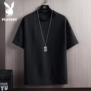 花花公子（PLAYBOY）冰絲短袖T恤男士夏季純色亞麻運(yùn)動(dòng)速干半袖寬松百搭打底衫上衣服t 黑色 L (121-140斤)