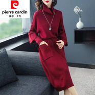 皮爾卡丹（pierre cardin）秋冬長款連衣裙氣質(zhì)針織2023毛衣裙過膝中長款冬裙新款女打底加厚 酒紅色 3XL