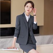 媚哥（Meige）小西裝女外套職業(yè)裝夏秋季長袖套裝正裝大學生酒店銀行西服工作服 灰色西裝+褲子【兩件套】 L 碼【 約 95 - 105 斤人穿 】