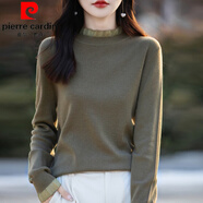 皮爾卡丹（pierre cardin）2024秋冬新款蕾絲拼接圓木耳領針織衫女復古寬松內搭打底衫毛衣女 綠色 XL