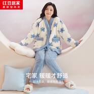 紅豆居家（Hodohome）【加絨加厚】秋冬保暖印花女士開衫長袖睡衣套裝甜美居家服可外穿 云朵藍(lán) M 女士165