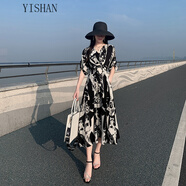 毅珊連衣裙女春黑色印花連衣裙女春夏新款V領(lǐng)收腰水墨油畫風(fēng)復(fù)古早春 黑色 L