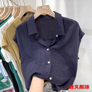 美安嘉歐洲站短袖襯衫女夏薄款設(shè)計(jì)感新款休閑寬松遮肚子洋氣雪紡上衣潮 藏青色-遮肚子襯衫 3XL -遮肚子襯衫