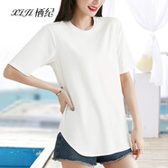 棲紀側開(kāi)叉半圓弧形下擺寬松短袖t恤女小圓領(lǐng)前后長(cháng)兩邊短的上衣薄款 米白色 2XL(適合115~125斤)
