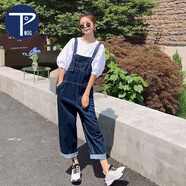 PMOG炸街牛仔背帶褲女春秋2025新款夏小個子韓版寬松休閑連體長褲 藍色背帶褲 M