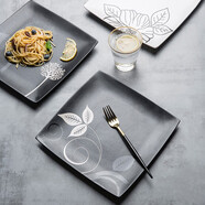 INSCRIPTION手繪日式方形陶瓷盤(pán)子餐廳家用菜盤(pán)西餐盤(pán)牛排盤(pán)早餐盤(pán)子陶瓷餐具 三葉黑色大盤(pán)