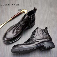 CLEER KAEN品牌馬丁靴男秋冬新款真皮高幫男鞋軟底休閑皮靴英倫風工裝靴子男 黑色 45 皮鞋碼