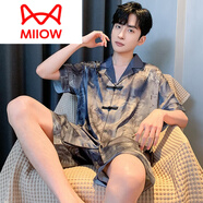 貓人（MiiOW）國風(fēng)睡衣男士春夏季2025新款仿真絲短袖青少年學(xué)生絲綢家居服套裝 850 XL碼 (建議身高175左右，體重130