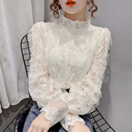 索宛亦蕾絲打底衫外穿女2023秋冬新款加絨洋氣蕾絲開衫法式立領長袖上衣 杏色【前后內襯 +不透】 XL 【建議115-135斤】