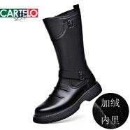 卡帝樂(lè )鱷魚(yú)（CARTELO）長(cháng)靴男軟皮厚底真皮機車(chē)騎士靴內增高馬靴高筒靴高幫加絨馬丁靴潮 黑色的 90505-2加絨平跟 44 (270mm)