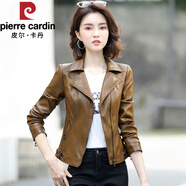 皮爾卡丹2025春秋季新款海寧真皮皮衣女短款修身顯瘦大碼綿羊皮夾克小外套 咖色 XL 建議105-115斤