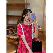 AHKA小清新顯白格子甜欲風(fēng)連衣裙女夏季學(xué)生日系超仙木耳邊高腰中長(cháng)款 火龍果色 S