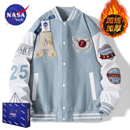 NASA BASE官方男裝潮牌聯(lián)名夾克男女款寬松學(xué)生外套情侶衫字母飛行員棒球服 MD-22129-淺藍色（加絨款） 3XL （建議170-200斤）