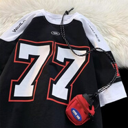 吉賽倫77冰球短袖 歐美高街t恤設計感77號美式冰球服hiphop潮牌上衣棒球 5506 黑色 XL