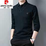 皮爾卡丹（pierre cardin）帶領(lǐng)假兩件套男春秋季長袖t恤加絨毛衣假領(lǐng)針織衫上衣條紋 T9833綠色(常規(guī)) 165/M體重95斤-115斤