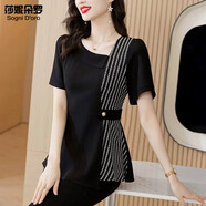 莎妮朵羅雪紡襯衫女夏季2025新款洋氣小衫不規則收腰顯瘦短袖上衣20157 黑色-預售7天發(fā)貨 2XL建議135-150斤穿著(zhù)