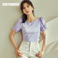 ROEYSHOUSE羅衣淑女心形領(lǐng)針織T恤夏裝新款黑色拼接網(wǎng)紗泡泡袖上衣04008 淺紫色 L