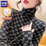 羅蒙（ROMON）德絨打底衫女秋冬季2025年新款印花洋氣內搭堆堆領(lǐng)修身保暖上衣 黑色【加絨加厚】 M 【推薦80-95斤】