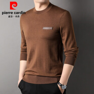 皮爾卡丹（pierre cardin）秋冬季羊毛毛衣男圓領(lǐng)真皮徽章羊毛衫潮流針織衫韓版打底衫 洛可咖 170/M