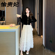 愉貴妃高檔法式V領(lǐng)金絲絨連衣裙兩件套女士秋冬千層網(wǎng)紗蛋糕半身裙套裝 絲絨上衣+杏色半身裙 套裝 S