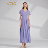 VOA12姆米喬其V領(lǐng)荷葉邊短袖拼接做舊工藝桑蠶絲連衣裙 AE1037 浣溪紗-紫蘭（Z91） M