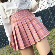 彼愛詩半身裙女百褶裙女春夏新款韓版高腰a字短裙秋冬格子半身裙防走光 粉色格子拉鏈款 S （建議80-90斤）