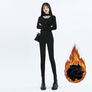 Avmko2023秋冬新款加絨加厚修身牛仔褲女雙扣高腰九分彈小腳彈力靴褲 黑色加絨加厚 28