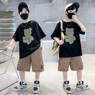 酷萌晨晨?jī)和b男童套裝夏季新款中大童3-15歲休閑運(yùn)動(dòng)兩件套男孩衣服帥氣 黑色 120 cm（建議身高110cm左右）