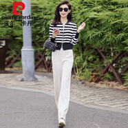 皮爾卡丹（pierre cardin）早春時(shí)尚休閑套裝女裝2023春季新款運(yùn)動(dòng)服減齡闊腿褲兩件套套裝 條紋+米色褲 L