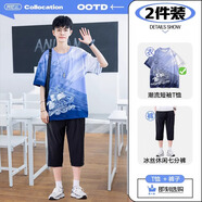 阿尼三青少年夏季冰絲短袖t恤男潮流帥氣2025新款初中高中學(xué)生潮牌半袖 02款紫色+七分褲 XL