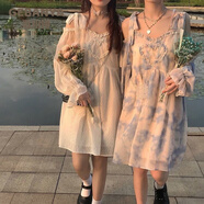 歌班婭超仙連衣裙女夏季日系學(xué)生寬松軟妹少女薄款長(cháng)袖閨蜜吊帶裙子純欲 扎染藍 S