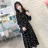 啄木鳥(niǎo)女裝法式碎花連衣裙女早秋2025新款長(cháng)袖高級感修身顯瘦打底雪紡裙 黑波點(diǎn) S 建議80-90斤