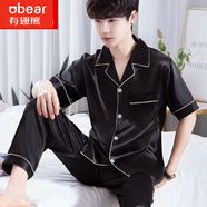 有趣熊睡衣男春秋夏季男士絲綢大碼仿真絲春秋長(zhǎng)褲簡(jiǎn)約休閑家居服套裝秋 NSLQ-【半袖長(zhǎng)褲】-維蜜絲-黑色 男-L(165-172cm，80-120斤)