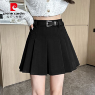 皮爾卡丹毛呢百褶裙春秋學(xué)院風(fēng)灰色半身裙女2025新款小個(gè)子高腰顯瘦a字裙 黑色 送腰帶 L 102-115斤
