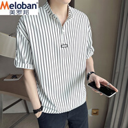 美羅邦 MELOBAN條紋半拉鏈中袖t恤男士夏季薄款潮牌寬松痞帥半袖條紋立領(lǐng)T恤上衣 V5013白色 L 參考130-145斤左右