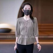憶靈遮肚子襯衫女七分袖2025新款夏季收腰襯衣設計感雪紡上衣 淺咖 XL (120-130斤)
