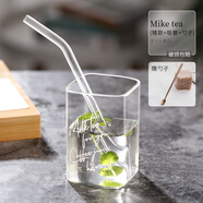 禾艾蘇（heisou）  家用方形玻璃水杯ins風(fēng)早餐杯牛奶杯飲料咖啡杯高顏值創(chuàng  )意杯子 吸管+勺子+Miketea矮款-250ml