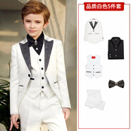 ELPA兒童燕尾禮服套裝花童禮服男童西裝套裝主持人鋼琴演出服西服英倫 白花5件套：3件套+黑襯衫+領(lǐng)結 145 碼 身高140-145cm 重62-71斤