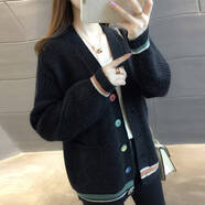 記述春秋春裝新款針織開衫女學(xué)生韓版口袋毛衣外套女V領(lǐng)長袖外搭 黑色 #M