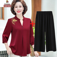 恒源祥集團彩羊【好質(zhì)量】喜婆婆婚宴裝中老年杭州重磅婚禮服真絲上衣襯衫中袖媽媽夏裝套裝桑蠶絲大碼T恤 酒紅色(上衣+七分闊腿褲) 5XL(建議160-175斤)