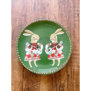 （）美單陶瓷餐盤(pán)圣誕手繪彩平盤(pán)圓形家用點(diǎn)心盤(pán)裝飾盤(pán) 綠色兩只兔子（盤(pán)面有一個(gè)