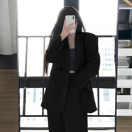 GARNUO灰色小西裝外套女兩件套裝2025春秋新款小個子高級感寬松休閑西服 黑色西裝 L 【121-130斤】