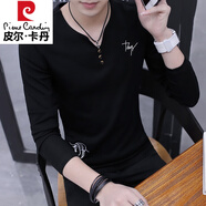 皮爾卡丹（pierre cardin）V領(lǐng)長(cháng)袖t恤男秋冬季打底衫修身內搭體恤秋裝上衣加絨加厚衛衣 670黑色 175/XL【適合120-135斤】