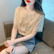 燕潯短袖t恤女2025春夏夏季韓版繡花蕾絲T恤顯瘦百搭短袖女生 杏色S